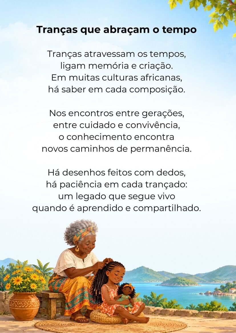Poema Tranças que abraçam o tempo, com uma mulher negra mais velha trançando o cabelo de uma menina com uma boneca.
